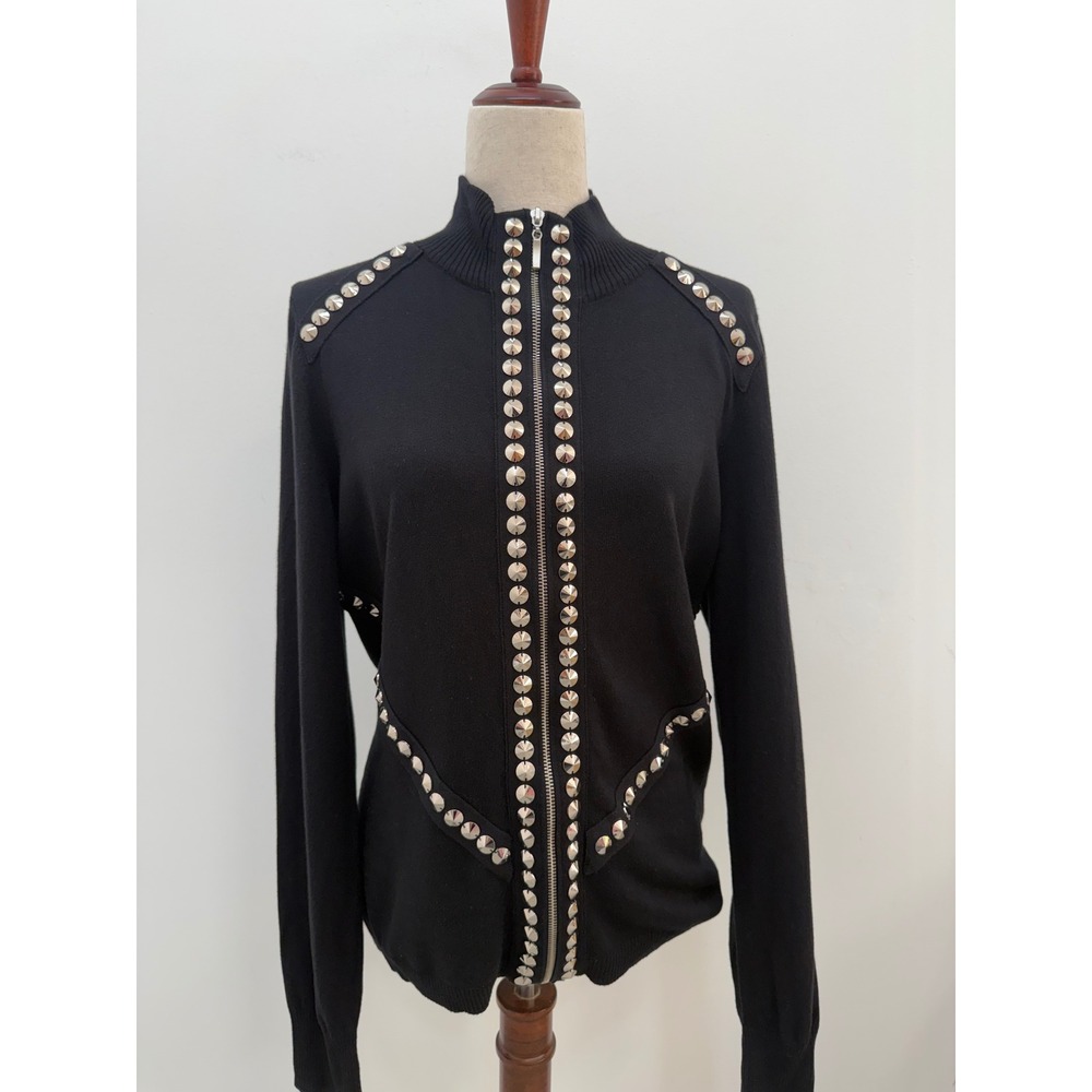 Boston Proper Studded Cardigan Large Black Zip Front Mock Neck NWT